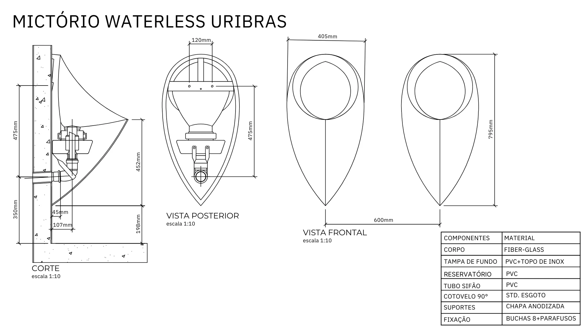 FICHA TECNICA MICTORIO WATERLESS MODELO MASTER URIBRAS - Mictórios Waterless - Mictórios sem água